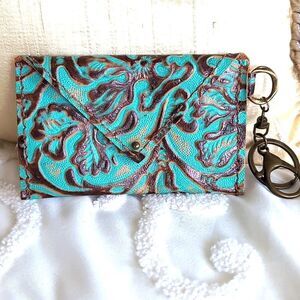Turquoise and Brown Leather Tooled Artisan Keychain/C Card Money /Mini Wallet